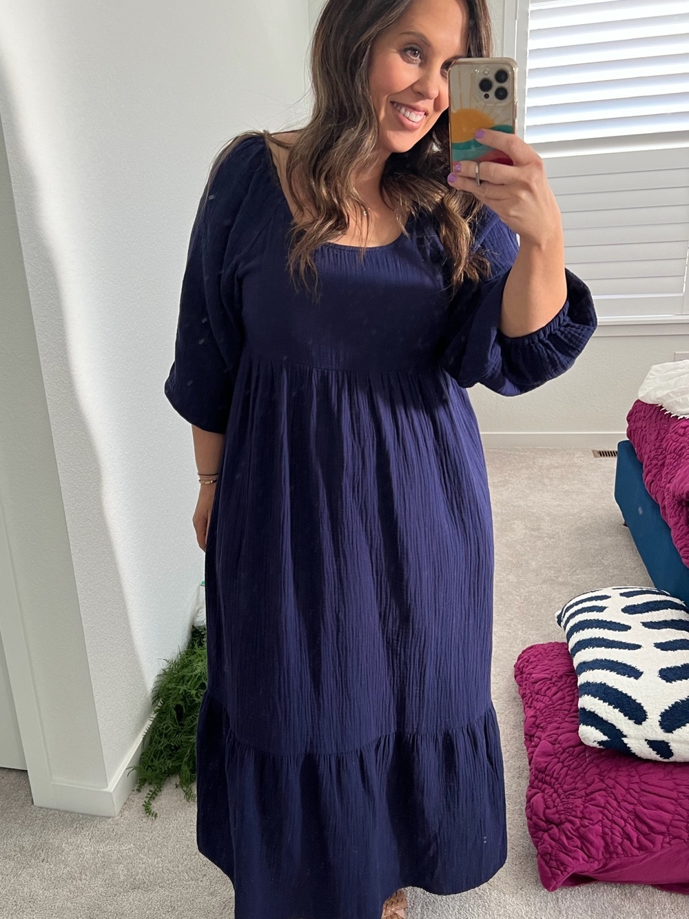 UNIVERSAL THREAD Navy Scoop-Neck Puff-Sleeve Boho Gauzy Maxi Dress - M